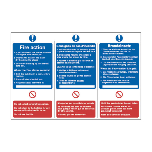 Fire action notice (English / French / German) - 1.2mm Recyclable PP (300 x 200mm)