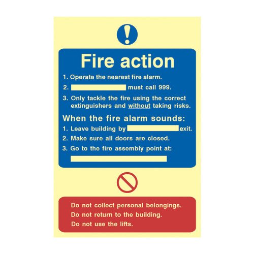 'Fire Action Procedure' Sign, 1.3mm Rigid Self Adhesive Photoluminescent (200mm x 300mm)