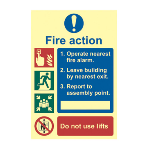 'Fire Action Procedure' Sign, 1.3mm Rigid Self Adhesive Photoluminescent (200mm x 300mm) 0201