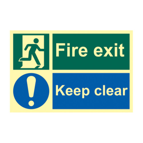 'Fire Exit Keep Clear' Sign, 1.3mm Rigid Self Adhesive Photoluminescent (300mm x 200mm)