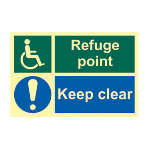 'Refuge Point Keep Clear' Sign, 1.3mm Rigid Self Adhesive Photoluminescent (300mm x 200mm)