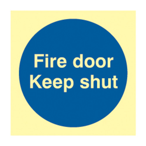 'Fire Door Keep Shut' Sign, 1.3mm Rigid Self Adhesive Photoluminescent (100mm x 100mm)