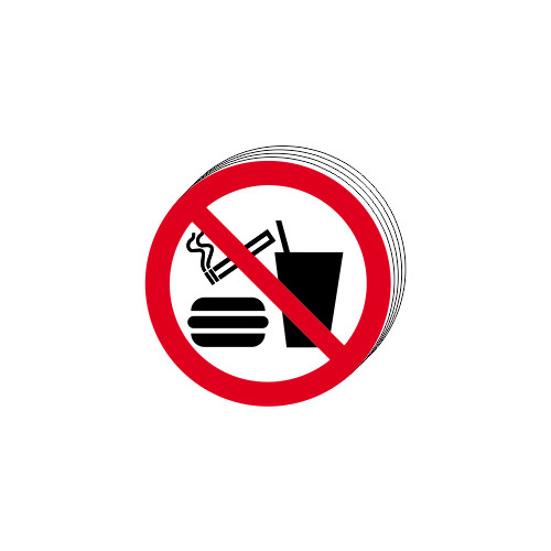 â€˜No Eating No Dinking No Smoking Symbolâ€™ Sign, Self-Adhesive Vinyl (50mm dia.) Pack of 10