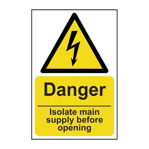 'Danger Isolate Main Supply Before Opening' Sign, Self-Adhesive Vinyl (200mm x 300mm)