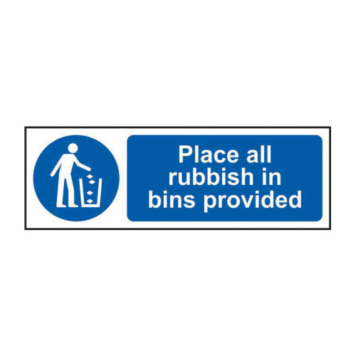 'Place All Rubbish In Bins Provided' Sign, Self-Adhesive Vinyl (300mm x 100mm)