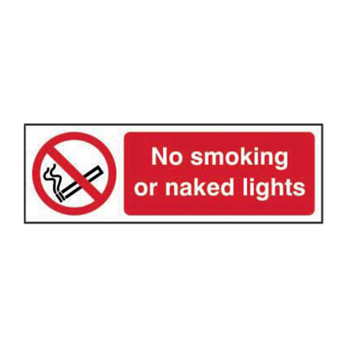 'No Smoking Or Naked Lights' Sign, Self-Adhesive Vinyl (600mm x 200mm)