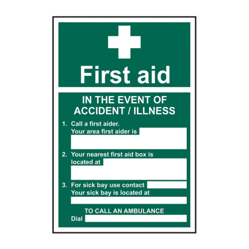 First aid In the event of an accident 1.2mm Recyclable PP (200 x 300mm)