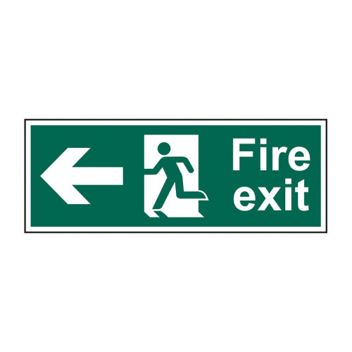 'Fire Exit (Man Arrow Left)' Sign, Self-Adhesive Vinyl (600mm x 200mm)