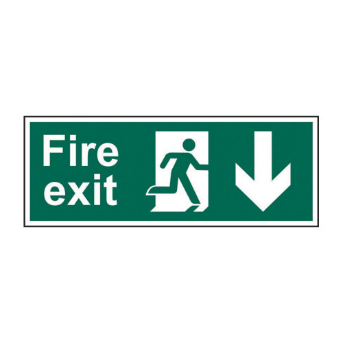 'Fire Exit (Man Arrow Down)' Sign (Pack of 5), Self-Adhesive Vinyl (400mm x 150mm)