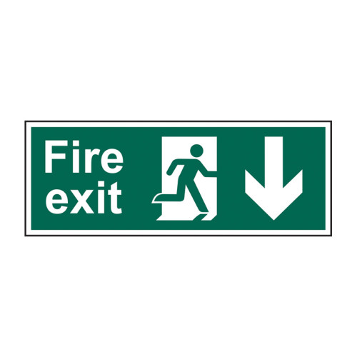 'Fire Exit (Man Arrow Down)' Sign, Self-Adhesive Vinyl (600mm x 200mm)
