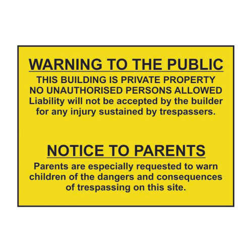 'WARNING To The Public and Parents' Sign, Self-Adhesive Vinyl (600mm x 450mm)