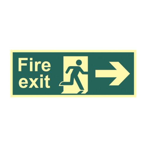 'Fire Exit (Man Arrow Right)' Sign, 1.3mm Rigid Self Adhesive Photoluminescent (400mm x 150mm)