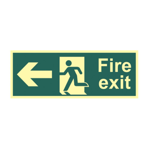 'Fire Exit (Man Arrow Left)' Sign, 1.3mm Rigid Self Adhesive Photoluminescent (400mm x 150mm)