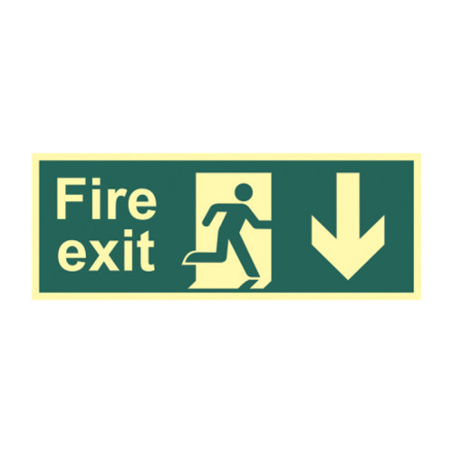 'Fire Exit (Man Arrow Down)' Sign, 1.3mm Rigid Self Adhesive Photoluminescent (400mm x 150mm)