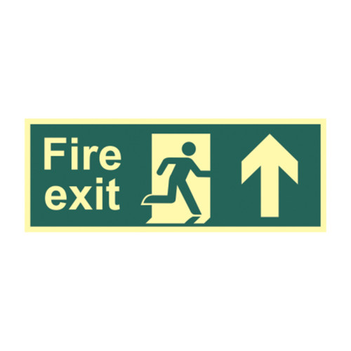 'Fire Exit (Man Arrow Up)' Sign, 1.3mm Rigid Self Adhesive Photoluminescent (400mm x 150mm)