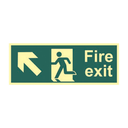 'Fire Exit (Man Arrow Up/Left)' Sign, 1.3mm Rigid Self Adhesive Photoluminescent (400mm x 150mm)