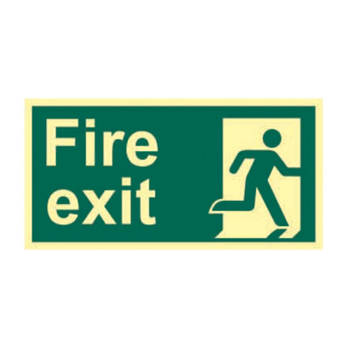 'Fire Exit (Man Right)' Sign, 1.3mm Rigid Self Adhesive Photoluminescent (300mm x 150mm)