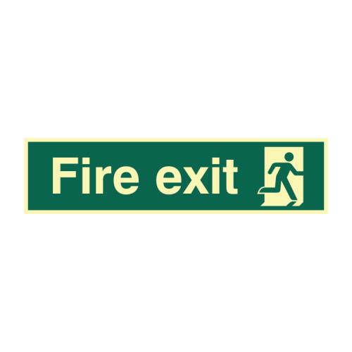 'Fire Exit (Man Right)' Sign, 1.3mm Rigid Self Adhesive Photoluminescent (600mm x 150mm)