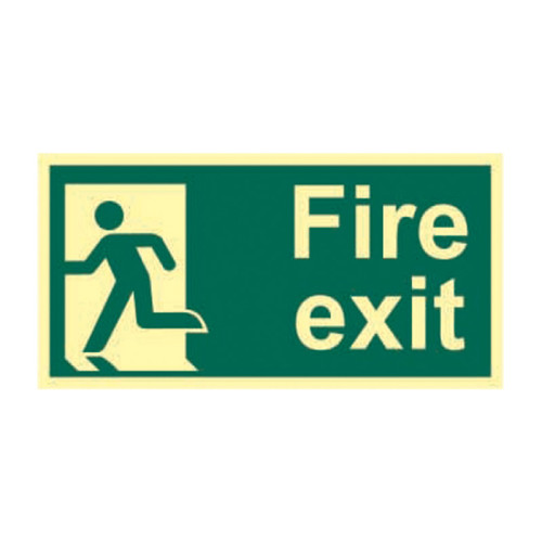 'Fire Exit (Man Left)' Sign, 1.3mm Rigid Self Adhesive Photoluminescent (300mm x 150mm)