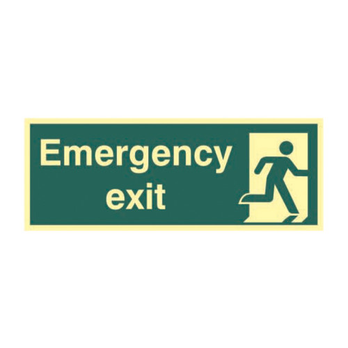 'Emergency Exit' Sign, 1.3mm Rigid Self Adhesive Photoluminescent (400mm x 150mm)