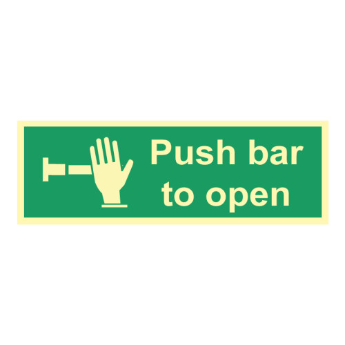 'Push Bar To Open' Sign, 1.3mm Rigid Self Adhesive Photoluminescent (300mm x 100mm)