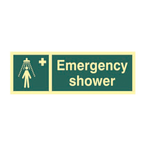 'Emergency Shower' Sign, 1.3mm Rigid Self Adhesive Photoluminescent (300mm x 100mm)