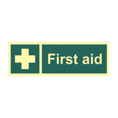 'First Aid' Sign, 1.3mm Rigid Self Adhesive Photoluminescent (300mm x 100mm)