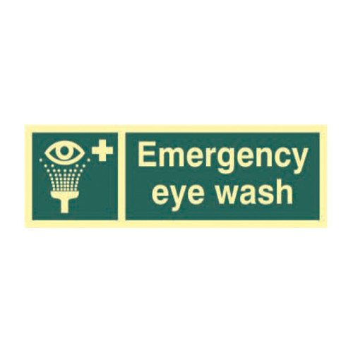 'Emergency Eye Wash' Sign, 1.3mm Rigid Self Adhesive Photoluminescent (300mm x 100mm)