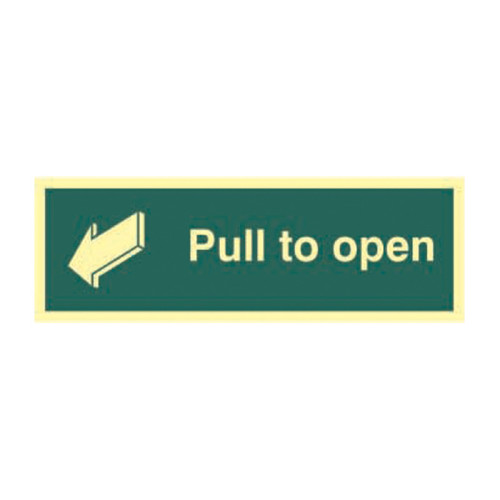 'Pull To Open' Sign, 1.3mm Rigid Self Adhesive Photoluminescent (300mm x 100mm)