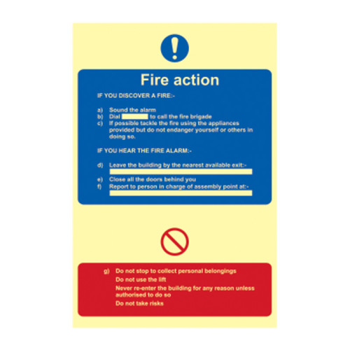 'Fire Action Procedure' Sign, 1.3mm Rigid Self Adhesive Photoluminescent (200mm x 300mm)