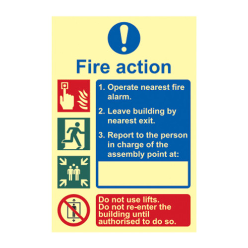 'Fire Action Procedure' Sign, 1.3mm Rigid Self Adhesive Photoluminescent (200mm x 300mm)