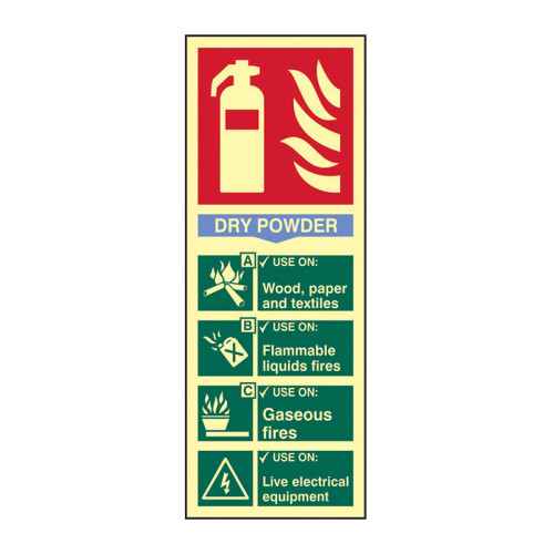 'Fire Extinguisher Dry Powder' Sign, 1.3mm Rigid Self Adhesive Photoluminescent (82mm x 202mm)