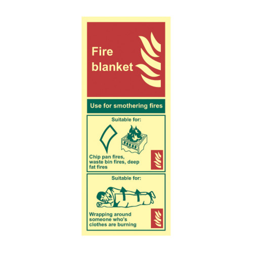 'Fire Blanket' Sign, 1.3mm Rigid Self Adhesive Photoluminescent (82mm x 202mm)