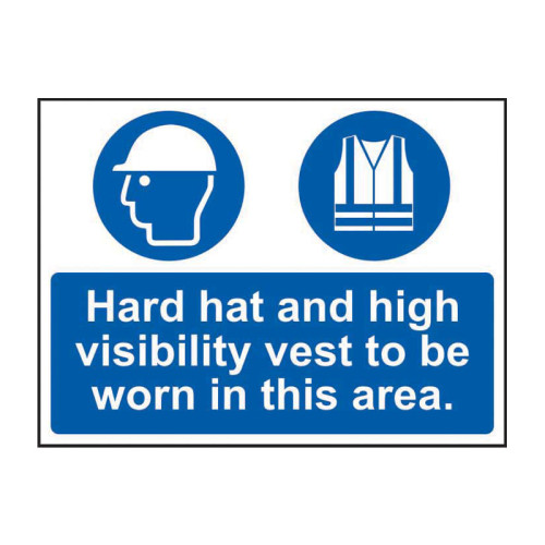 'Hard Hat And High Visibility Vest Must Be Worn In This Area' Sign, Lightweight corrugated plastic (600mm x 450mm)