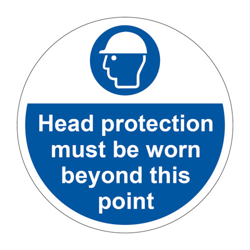 'Head Protection Must Be Worn Beyond This Point' Floor Graphic, Anti-slip Laminated Floor Sign (400mm dia.)