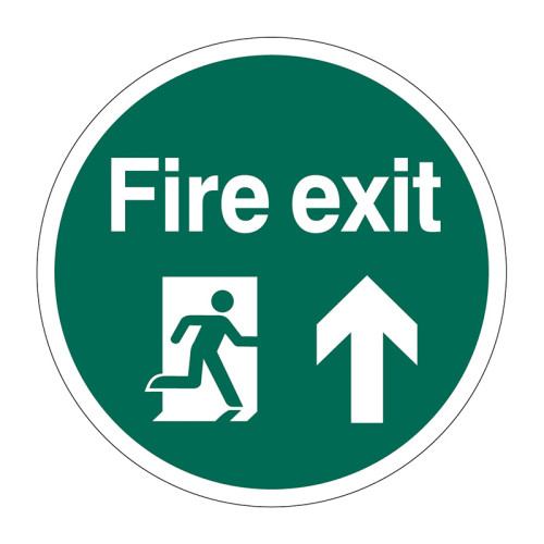 'Fire Exit Man Arrow Up' Floor Graphic, Anti-slip Laminated Floor Sign (400mm dia.)