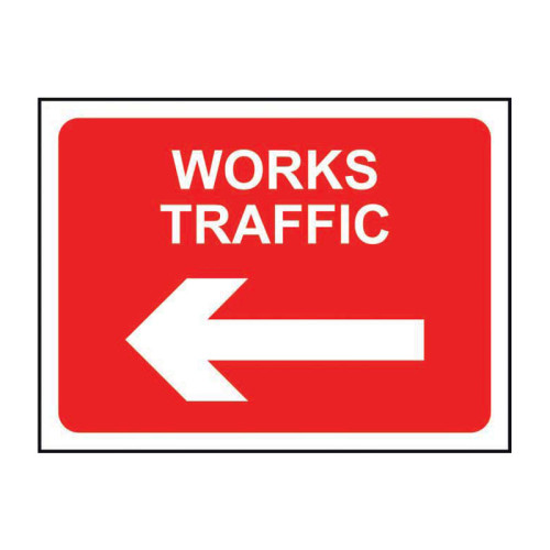 Works Traffic (Arrow Left)' Temporary Road Sign with Frame, Zintec (600mm x 450mm)