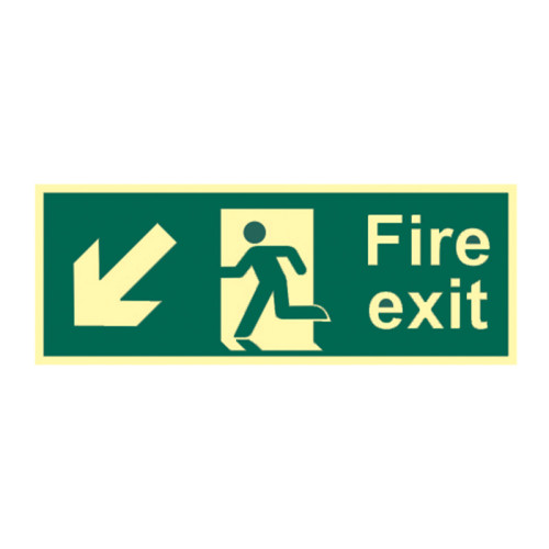 'Fire Exit (Man Arrow Down Left)' Sign, 1.3mm Rigid Self Adhesive Photoluminescent (400mm x 150mm)
