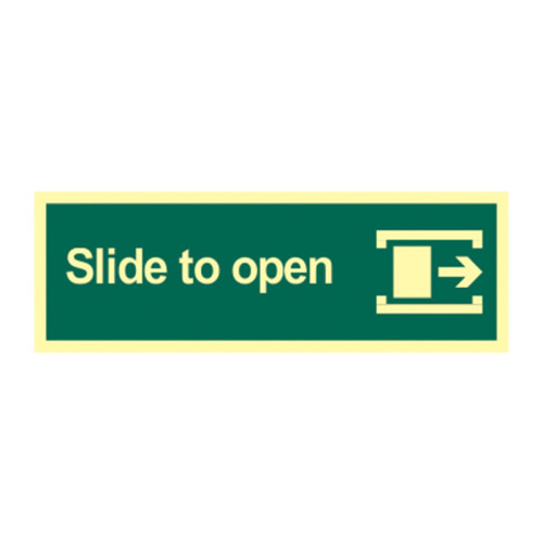 'Slide To Open (Right)' Sign, 1.3mm Rigid Self Adhesive Photoluminescent (300mm x 100mm)