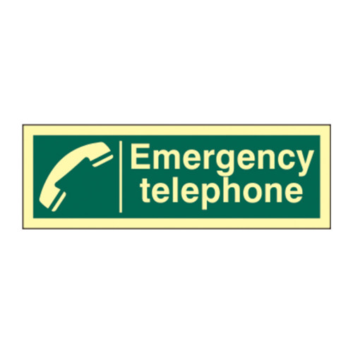 'Emergency Telephone' Sign, 1.3mm Rigid Self Adhesive Photoluminescent (300mm x 100mm)