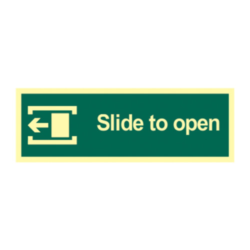 'Slide To Open (Left)' Sign, 1.3mm Rigid Self Adhesive Photoluminescent (300mm x 100mm)