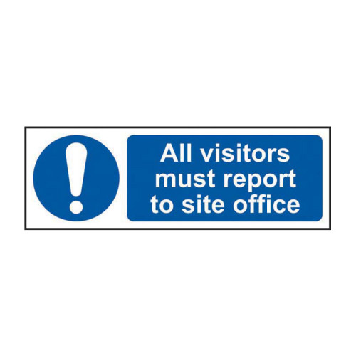 'All Visitors Must Report To Site Office' Sign, Self-Adhesive Vinyl (300mm x 100mm)