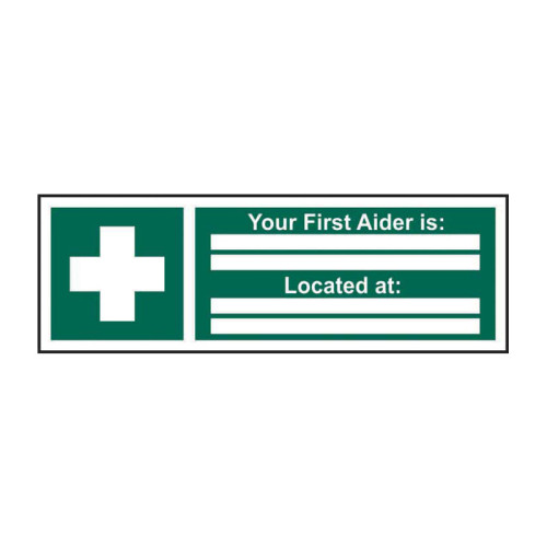 'Your First Aider Is' Sign, Self-Adhesive Vinyl, (300mm x 100mm)