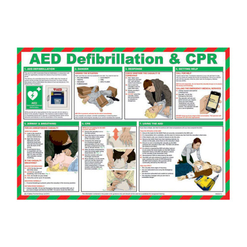 'AED Defibrillation & CPR' Sign, Laminated Paper, Safety Poster (590mm x 420mm)