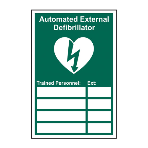 'Automated External Defibrillator Trained Personnel' Sign, Self-Adhesive Vinyl (200mm x 300mm)