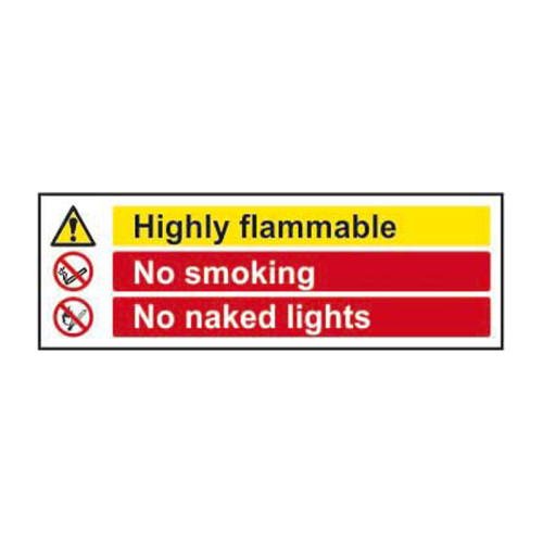 'Highly Flammable No Smoking No Naked Lights' Sign, Self-Adhesive Vinyl (300mm x 100mm)