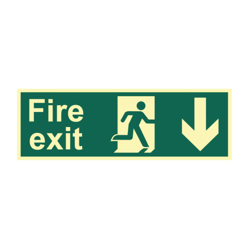 'Fire Exit Arrow Down' Sign, Self Adhesive Flexible Photoluminescent Board, (600mm x 200mm)