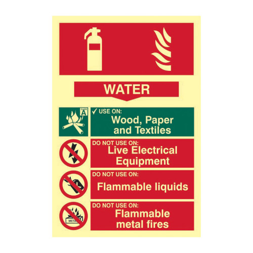 'Fire Extinguisher Composite Water' Sign, 1.3mm Rigid Self Adhesive Photoluminescent (200mm x 300mm)