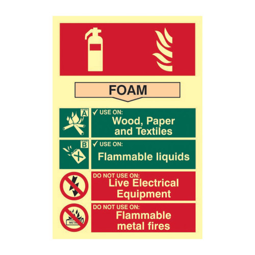 'Fire Extinguisher Composite Foam' Sign, 1.3mm Rigid Self Adhesive Photoluminescent (200mm x 300mm)