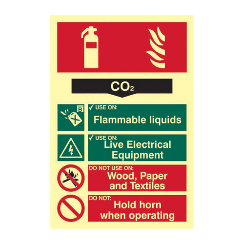'Fire Extinguisher Composite CO2' Sign, 1.3mm Rigid Self Adhesive Photoluminescent (200mm x 300mm)